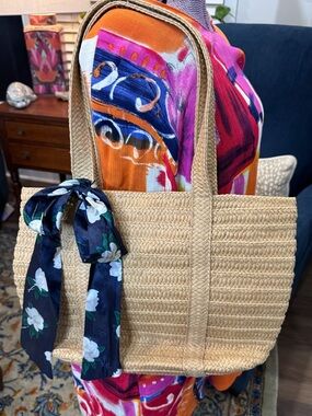 Straw Tote Bag, Floral Scarf, perfect coastal grandma, beachy, spring/summer bag
